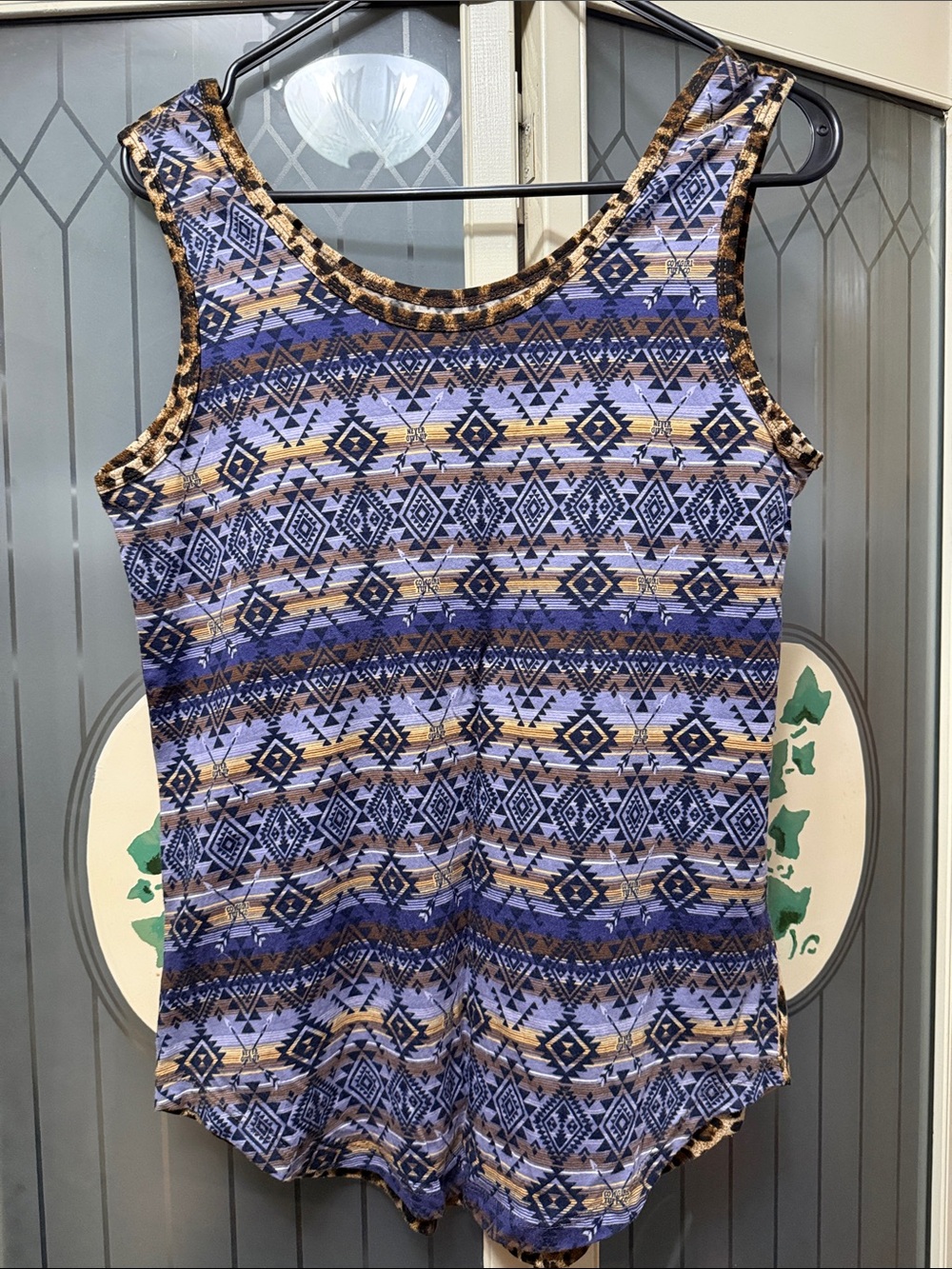 Cowgirl Tuff Aztec-Pattern Tank Top in Blue and Tan